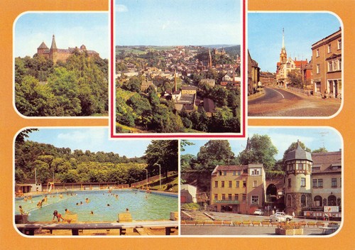 Postkarte mylau burg freibad - mylau,,